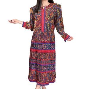 Vintage Lady Carol Floral Colorful Long Sleeve Maxi Dress Size 2XL Paisley Pleat